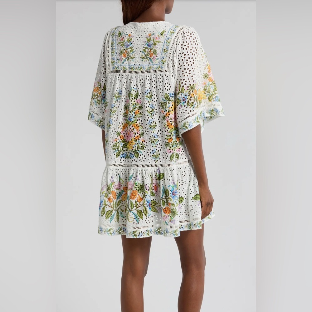 FARM Rio 💐 Sweet Bloom Bouquet Cotton Eyelet Cover-Up Minidress Size L, NWT - Picture 4 of 15